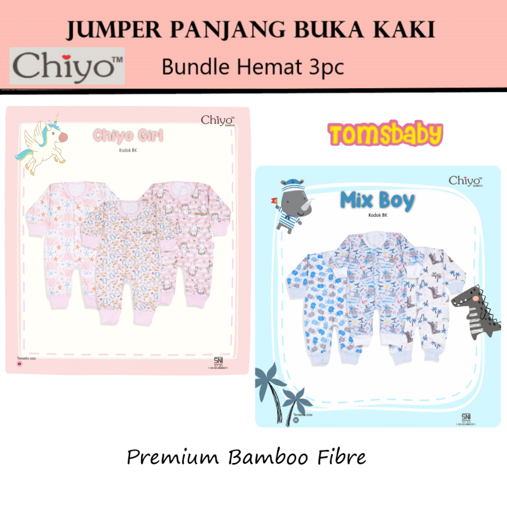 [TOMS] CHIYO BABY (3pcs) Jumper Panjang Buka Kaki / Baju Kodok Sleepsuit Bayi Motif Terbaru Bamboo C