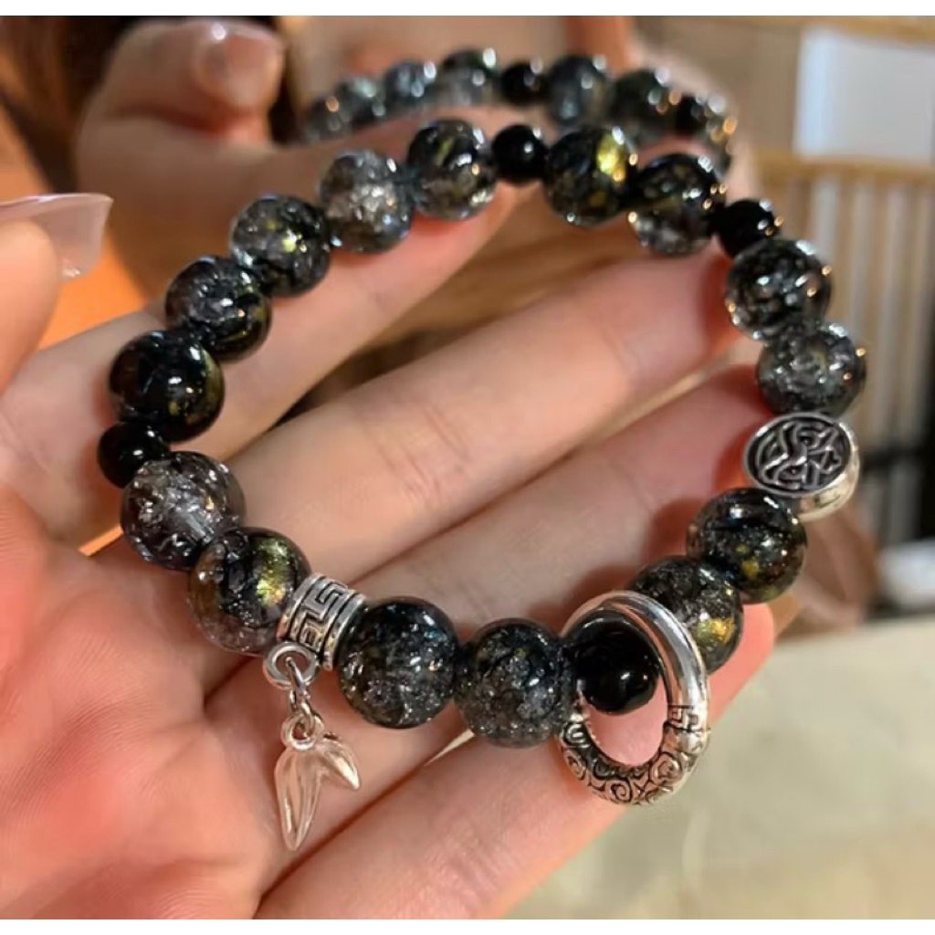 Gelang pria dan wanita giok Hitam Glitter Starry Look Charm Silver Aesthetic Korean Style elegan