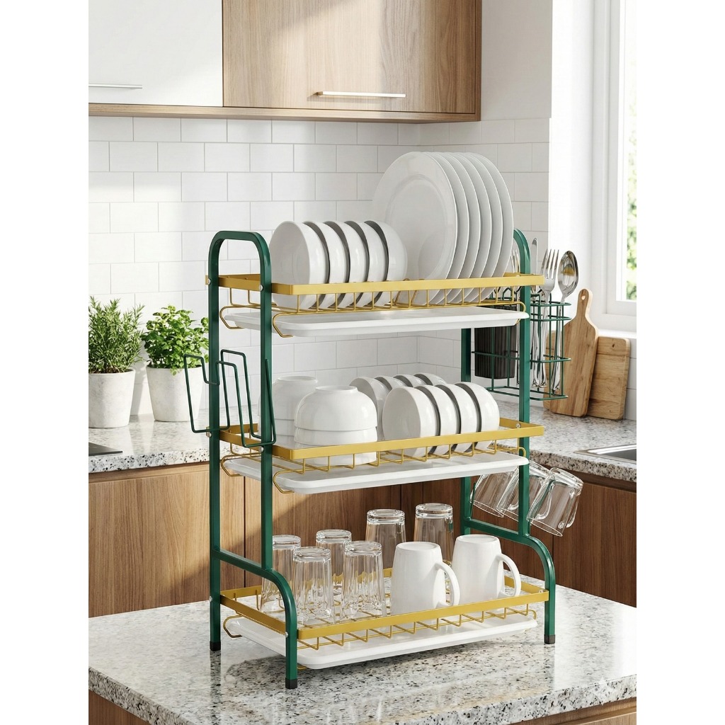 RAK PIRING DAPUR STAINLESS STEEL 3 SUSUN PENYIMPANAN RAK PENGIRING PIRING MANGKUK GELAS - NARITA DIS