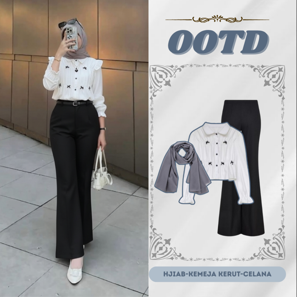 Outfit One Set Wanita (HIJAB-CELANA-KEMEJA KERUT),One Set Remaja Dewasa Kekinian ROC04