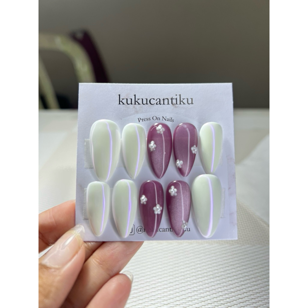 kuku palsu nail art + lem | press on nails cat eye warna ungu | nail art cat eye | kuku palsu cat ey
