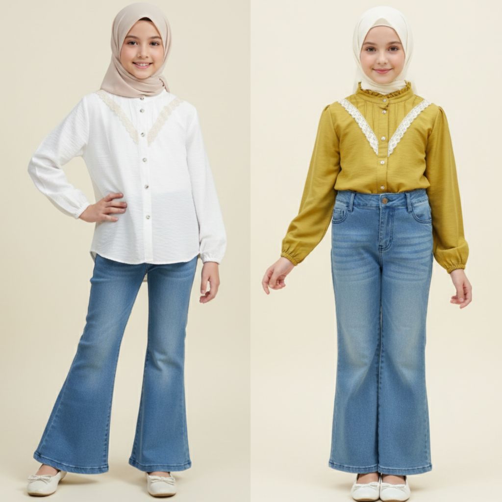 Setelan Anak Perempuan Mafaza Atasan Katun Polin + Celana Cutbray Jeans Terbaru