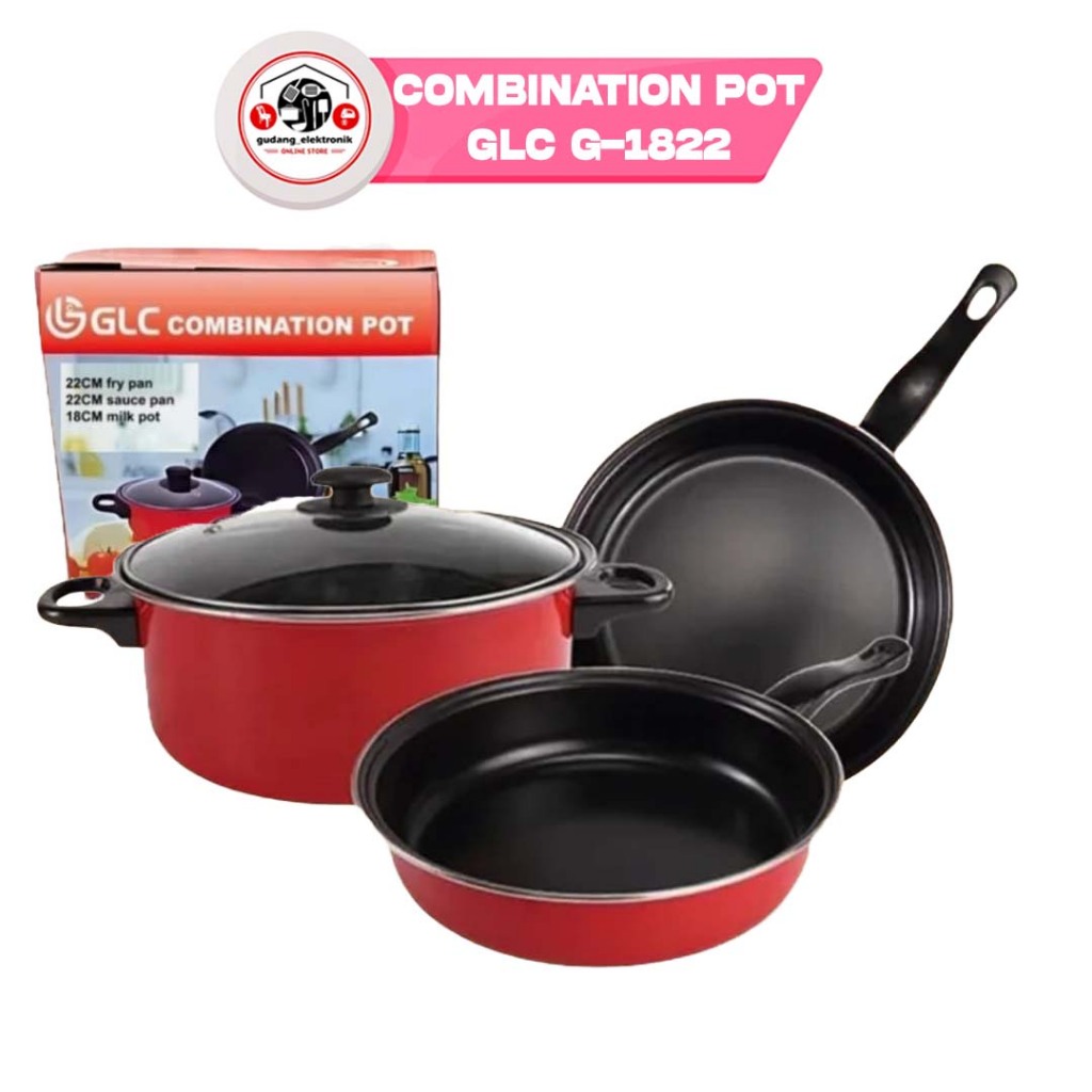 Combination Pot GLC G-1822 Panci Set 3 IN 1 Anti Lengket Kaca