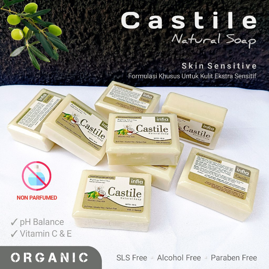 Castile Organic Soap Bar Non Parfum untuk Perawatan Kulit Sensitif - INFIA Sabun Castile Alami