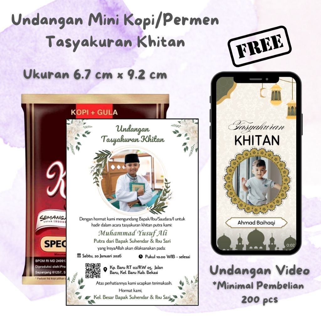 Undangan mini kopi / permen tasyakuran khitan / walimatul khitan tema bunga