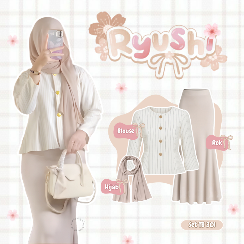 Set Wanita Kekinian 3in1 (Arika Blouse Stripe Putih, Rok Duyung, Hijab) Outfit Kekinian Korean Style