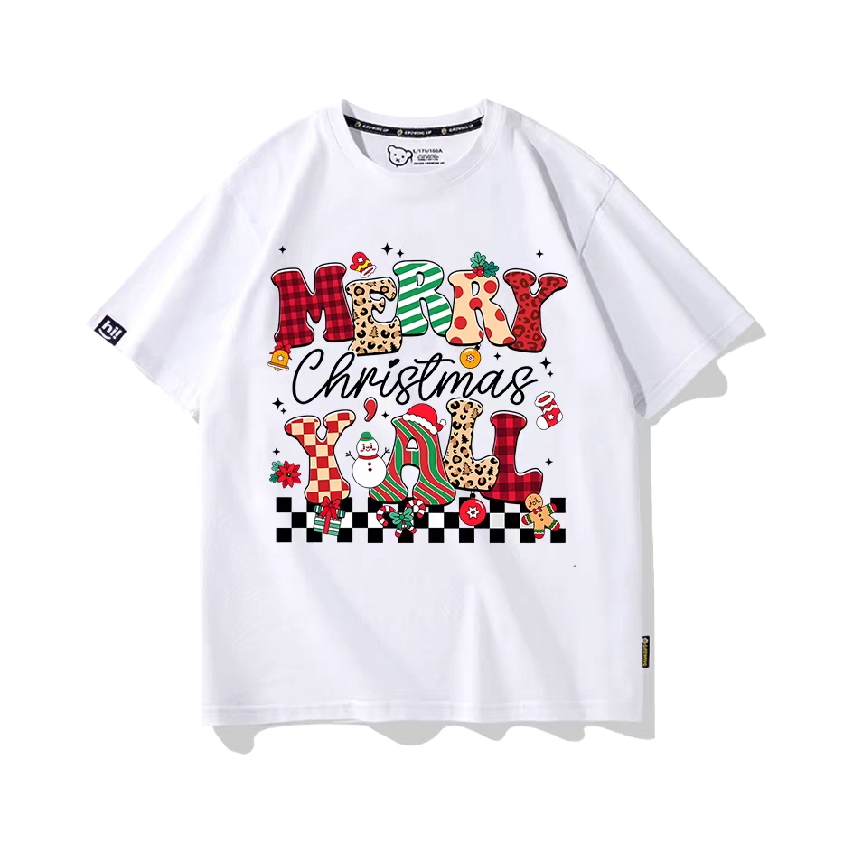 Kaos Couple T-shirt Putih Oversize Motif Natal 2025 - Desain Merry Christmas dengan Karakter Salju M
