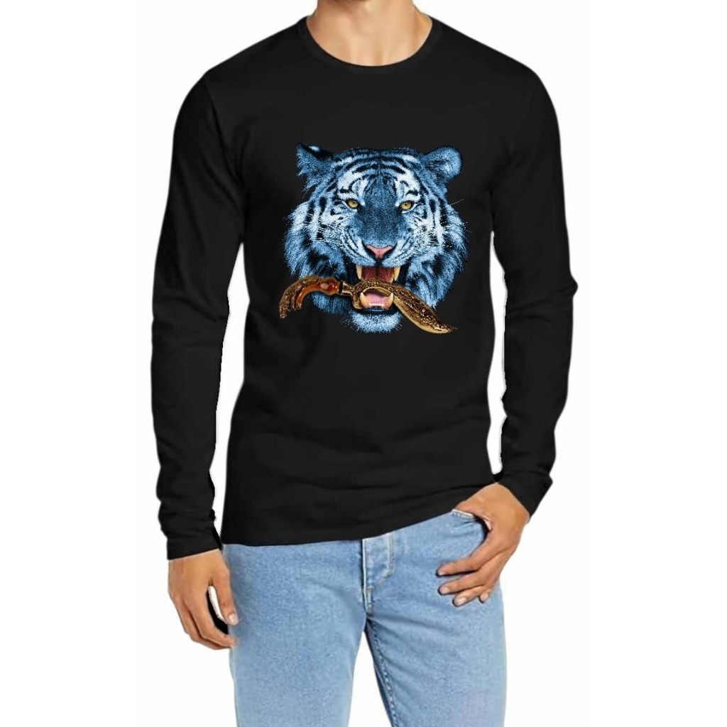 baju atasan oblong cowok lengan panjang size jumbo gambar macan biru MC 12 motif DTF print murah