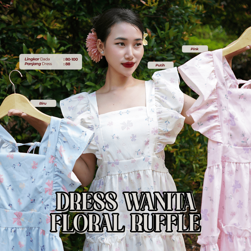 NF DRESS WANITA FLORAL RUFFLE - MIDI DRESS PUFF SLEEVE SQUARE NECK KOREA STYLE DENGAN RUFFLE DAN LEN