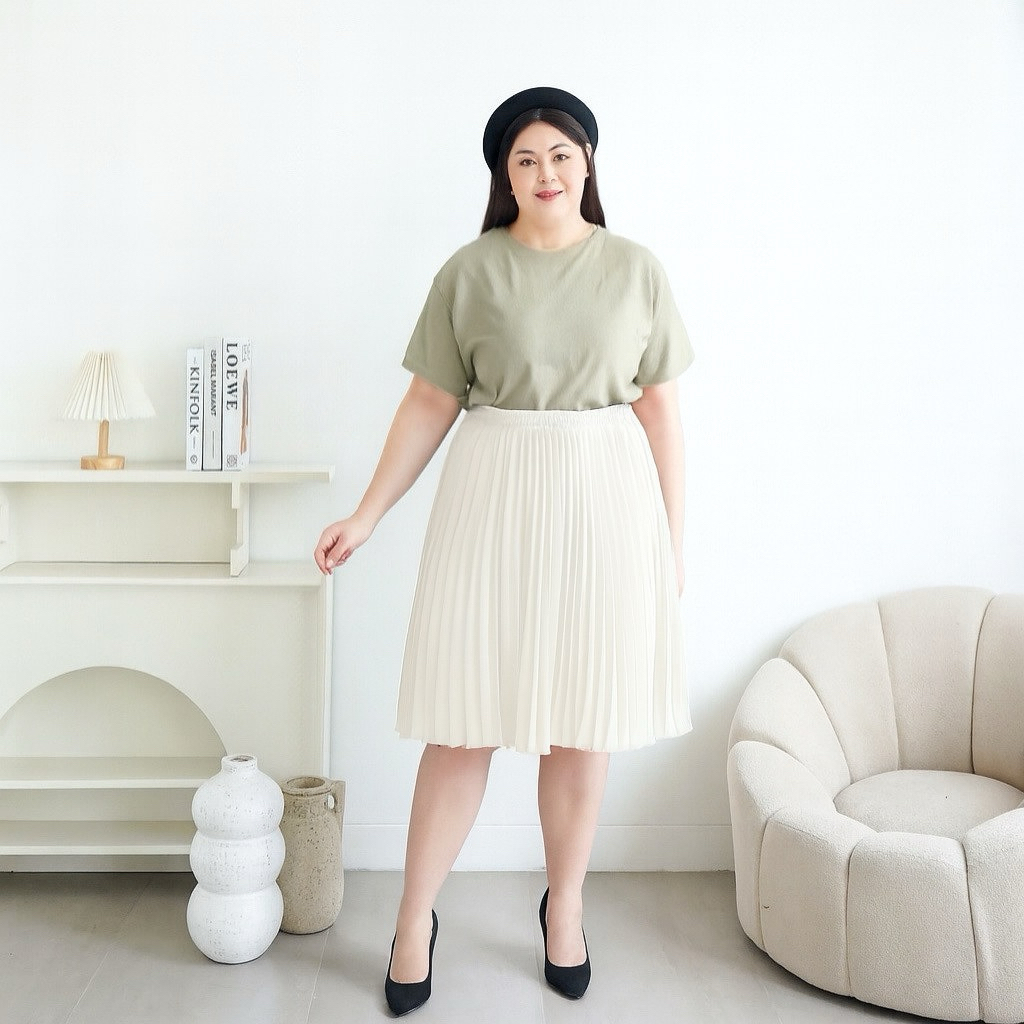 NEW ARRIVAL Marena Belle Rok Plisket Super Jumbo Panjang Selutut | Rok Plisket Putih Broken White Ju