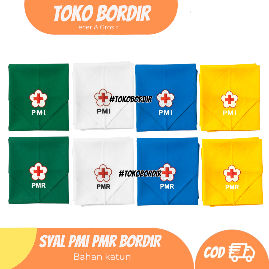 Slayer Syal PMI PMR bordir hijau biru kuning putih / syal PMI bordir / syal pmr bordir
