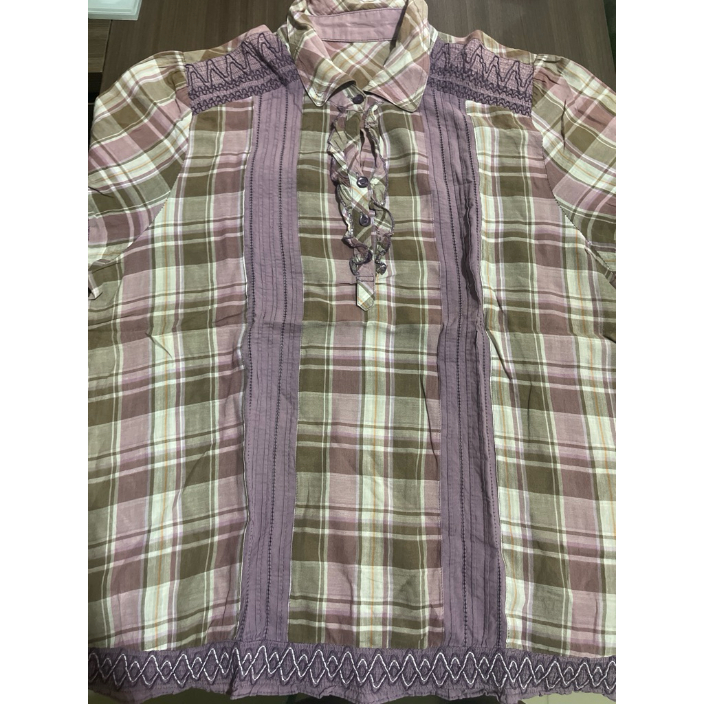 blouse atasan wanita kemeja wanita kotak kotak ungu lavender