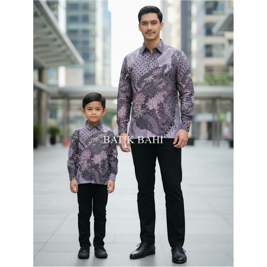 Kemeja Batik Warna LILAC Couple Ayah dan Anak Pakai Lapisan Furing Katun Hero Warna Lilac