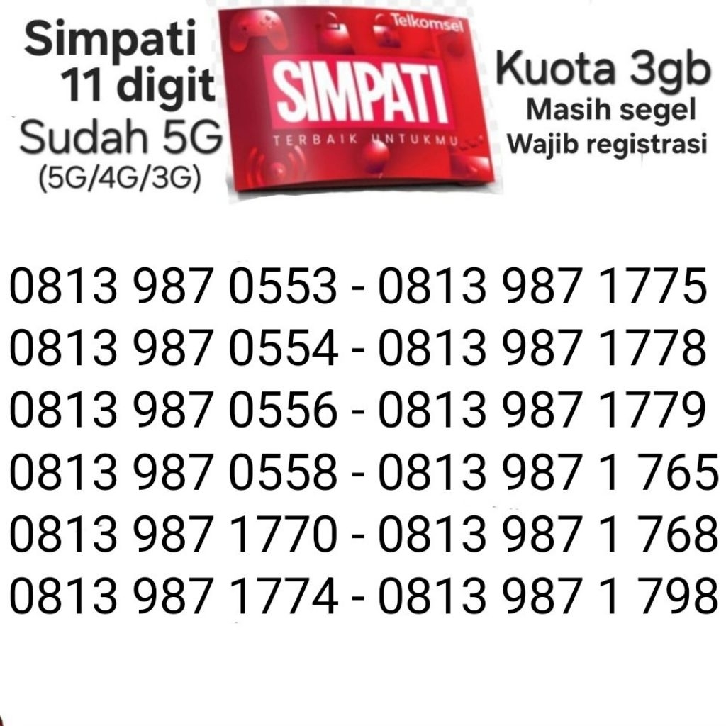 NOMOR CANTIK SIMPATI 11 DIGIT KUOTA 3GB 5G Kartu Perdana Telkomsel Termurah BUKAN 10 Angka Bukan 12 