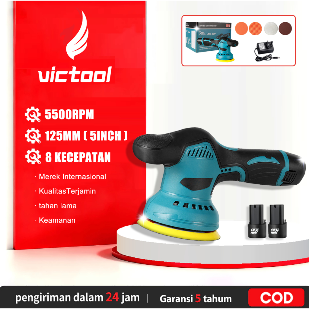 Victool Alat Poles Mobil cordless 5500rpm,alat poles mini body portable baterai 125mm