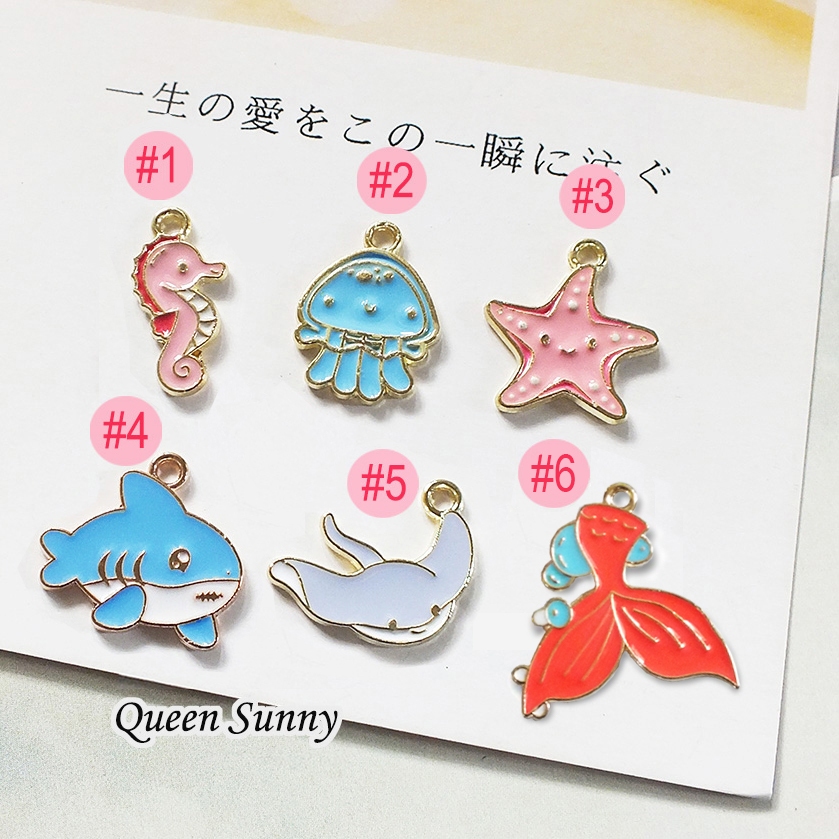 Charm Enamel Tema Laut (Ikan Hiu Pari Jellyfish Bintang Kuda Laut Ekor Mermaid ) Pendant Liontin Kor