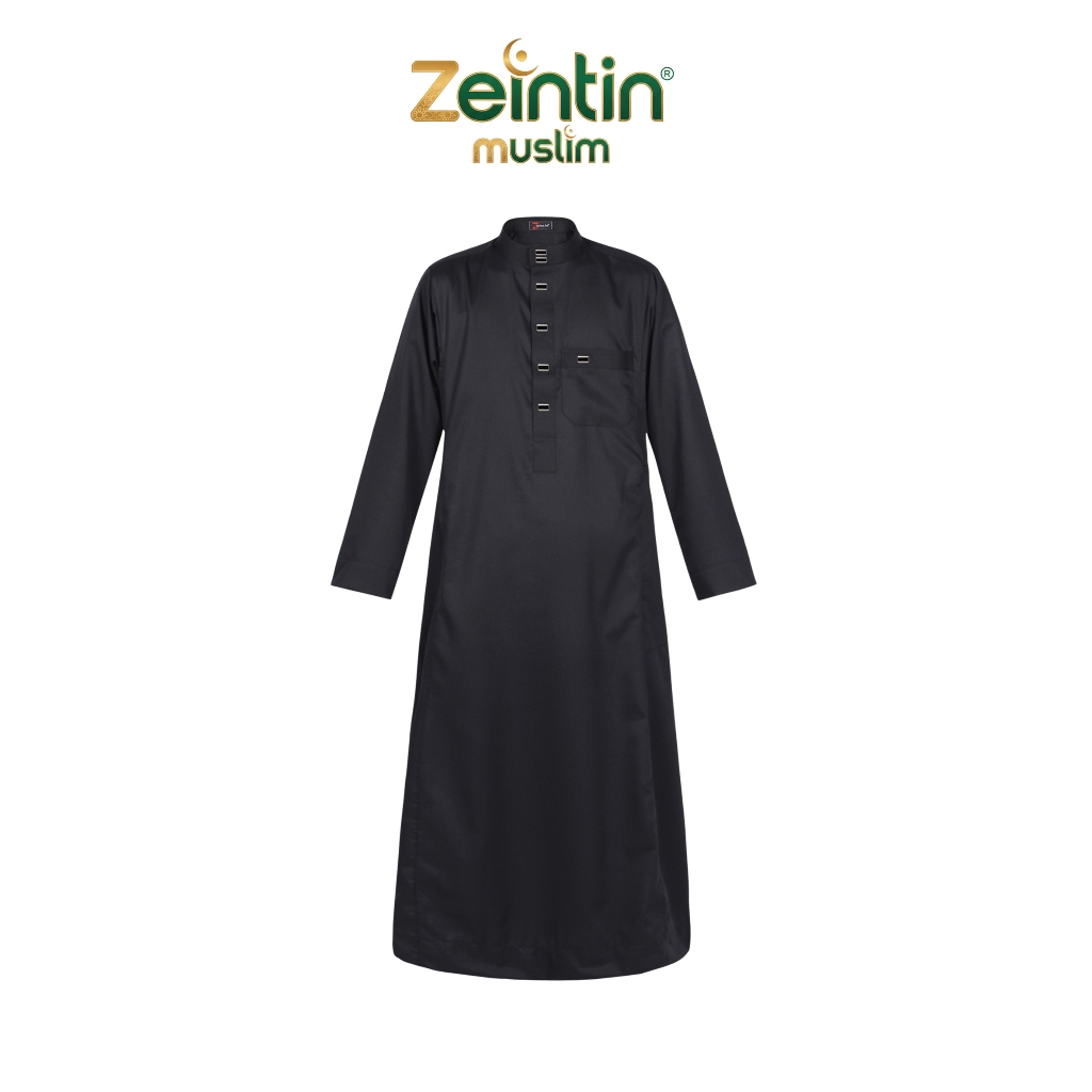 Zeintin - Jubah Gamis Pria Hitam Polos Bahan Katun Halus Adem Baju Koko Fashion Muslim Terbaru AT