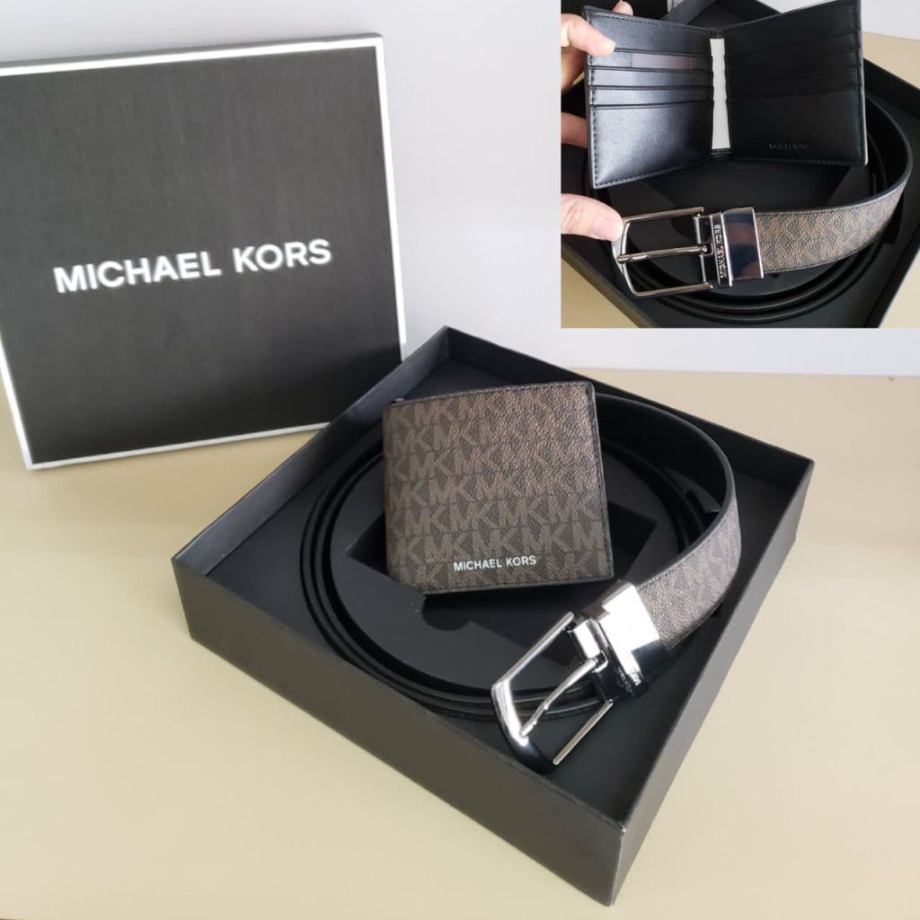 MK Signature Logo Bifold Wallet and Riversible Belt Gift Set, Pj:130cm Brown / Black
