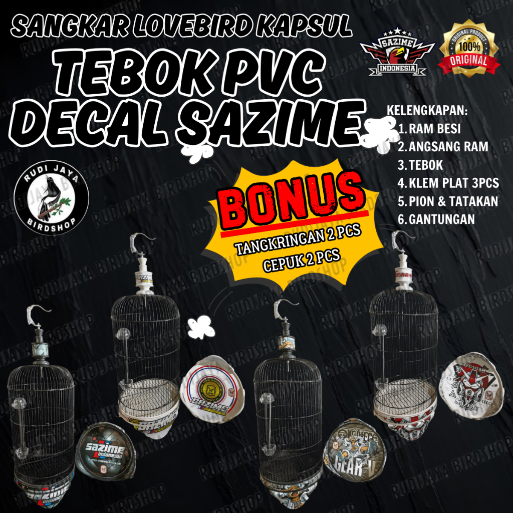 SANGKAR LOVEBIRD KAPSUL SAZIME 1 SET LENGKAP TEBOK PVC DECAL GANTUNGAN DAN PION PLASTIK DECAL SAZIME