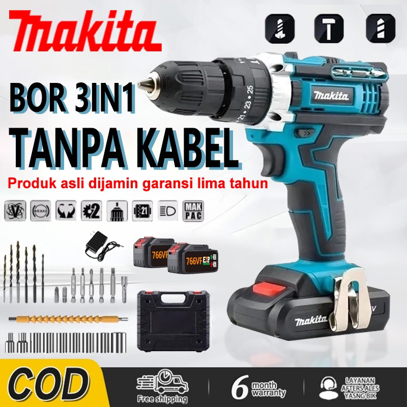 MAKITA Mesin Bor Baterai 766V/388V 2Baterai Cas 10mm Bor Listrik Murah Bor Tangan Bor Listrik Murah 