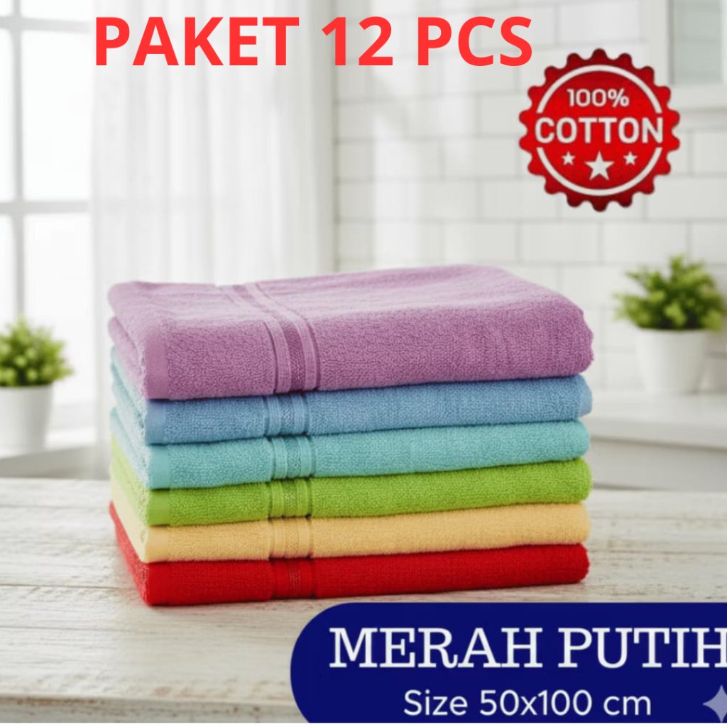 PAKET 1 LUSIN Handuk Merah Putih Original 50x100cm / Handuk Katun Berkualitas / Handuk Travel