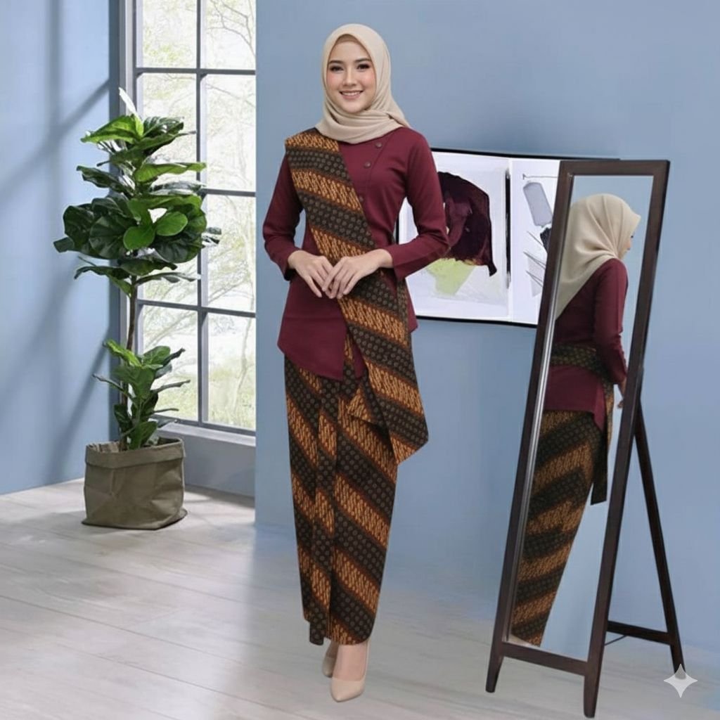 {Toko.Sky} Setelan Kebaya Janggan Baju Atasan Wanita Katun Motif Kancing Tunik Panjang Wisuda Cantik