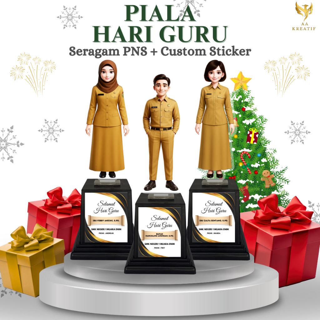 Piala Akrilik Guru TK SD SMP - Trophy ASN / PNS / KORPRI - Custom Stiker Souvenir Baju Coklat