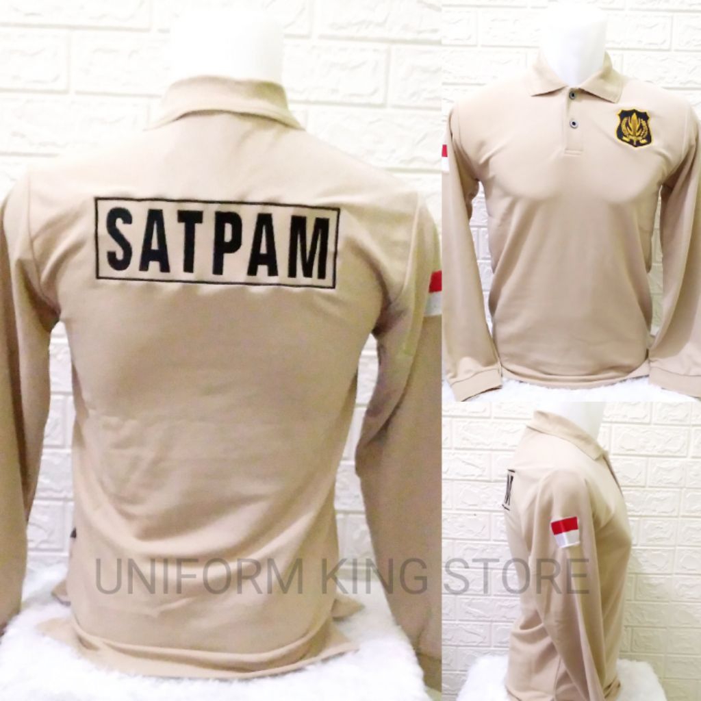 KAOS SATPAM KREM LENGAN PANJANG LOGO KUNING FULL BORDIR - KAOS KERAH SATPAM KREM PANJANG FULL BORDIR