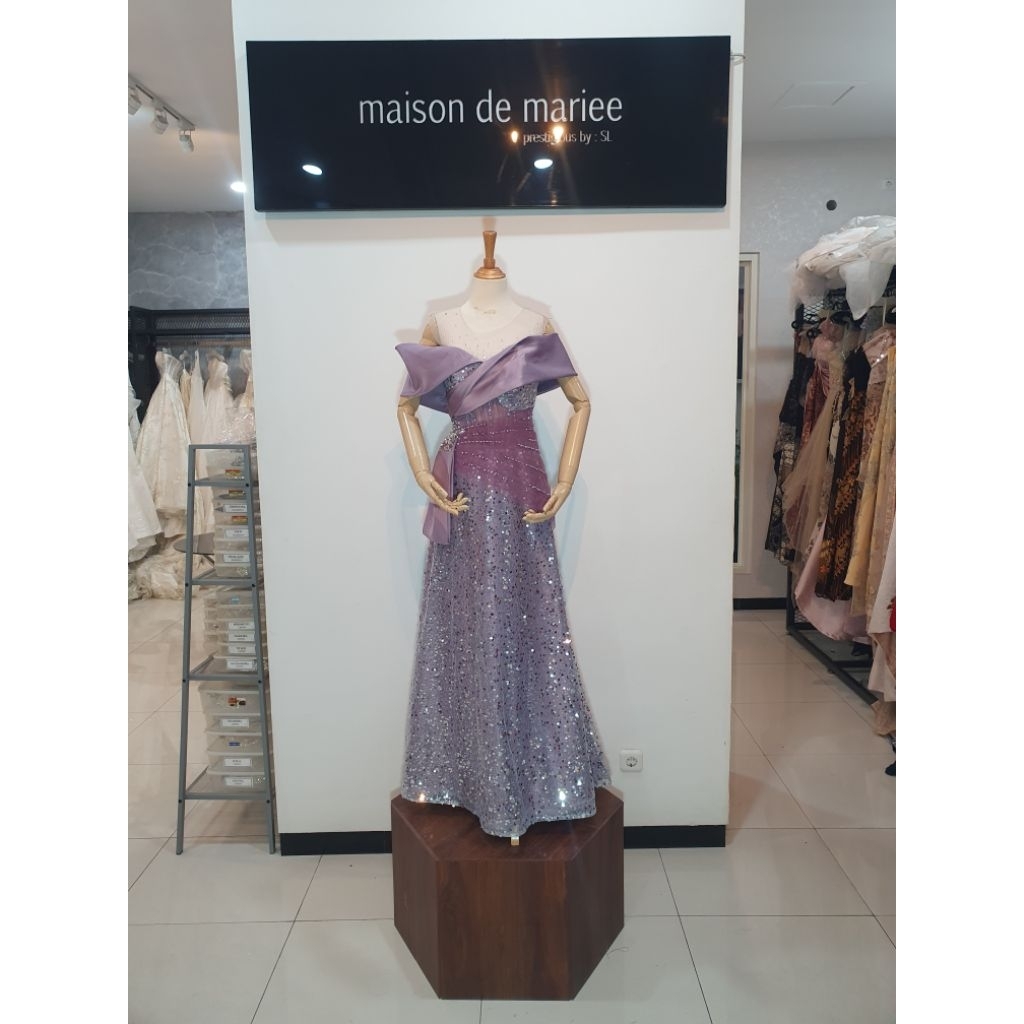 New baju pesta gaun party lilac duchess payet silver size L model mekar