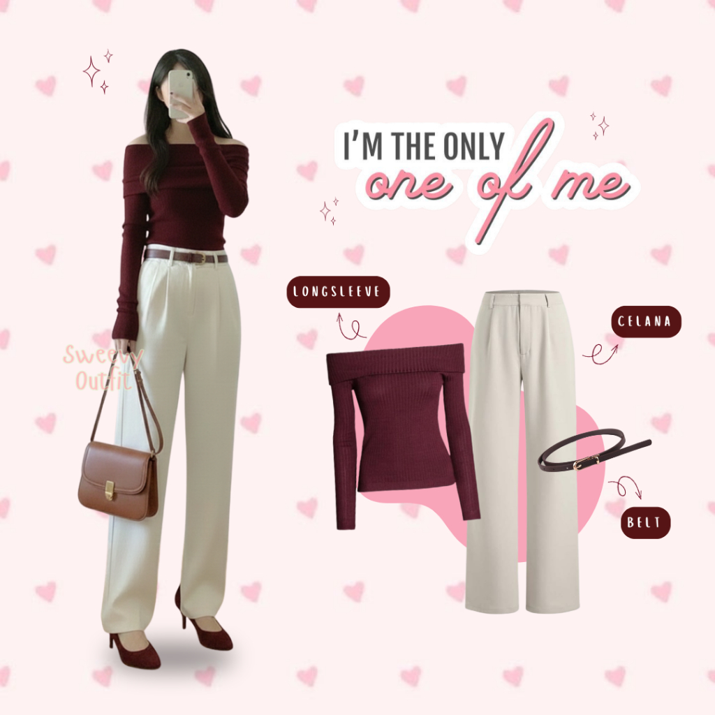 Outfit Set OOTD Kekinian ( Longsleeve Sabrina Knit Top + Celana Kulot + Ikat Pinggang ) One Set Wani