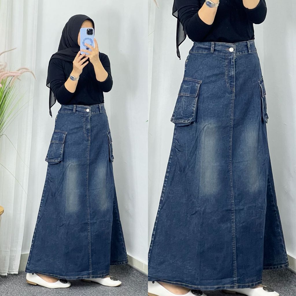 ASYIRA - Rok Kargo Flare Denim Vj Jeans Wanita//Skirt Panjang//High Waist Korean Style