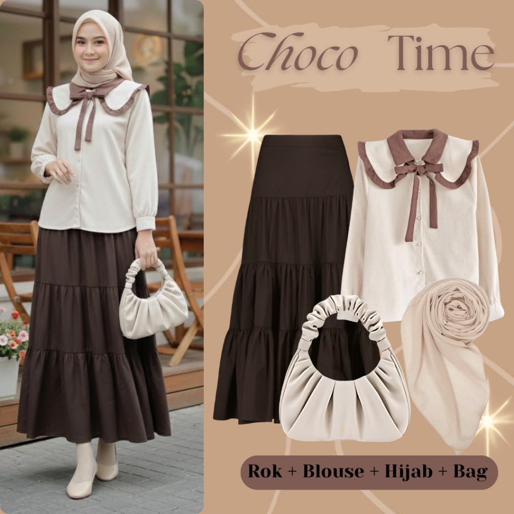 TM7 One Set Hijab Wanita Kekinian ( Blouse, Rok, Hijab, Bag ) OOTD Remaja