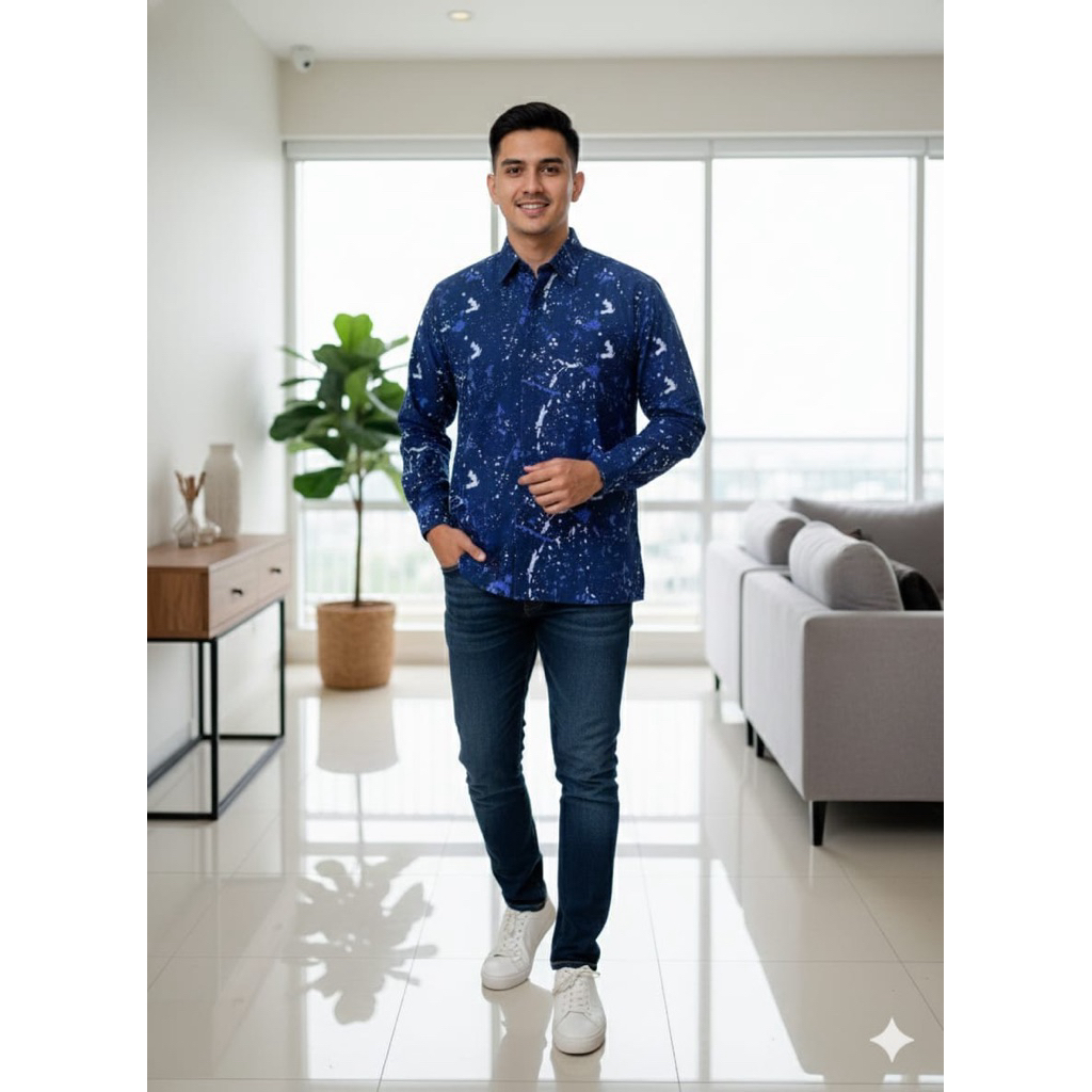 Batik Bayu Aji. Kemeja Batik Pria Lengan Panjnag. Warna Biru, Bahan Katun, Lapis Furing, Mewah, Kere