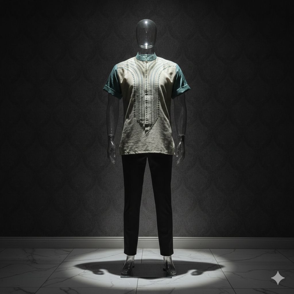 Kemeja Koko Kurta Pria Lengan Pendek Modern Kombinasi Warna Hijau Sage Slim Fit