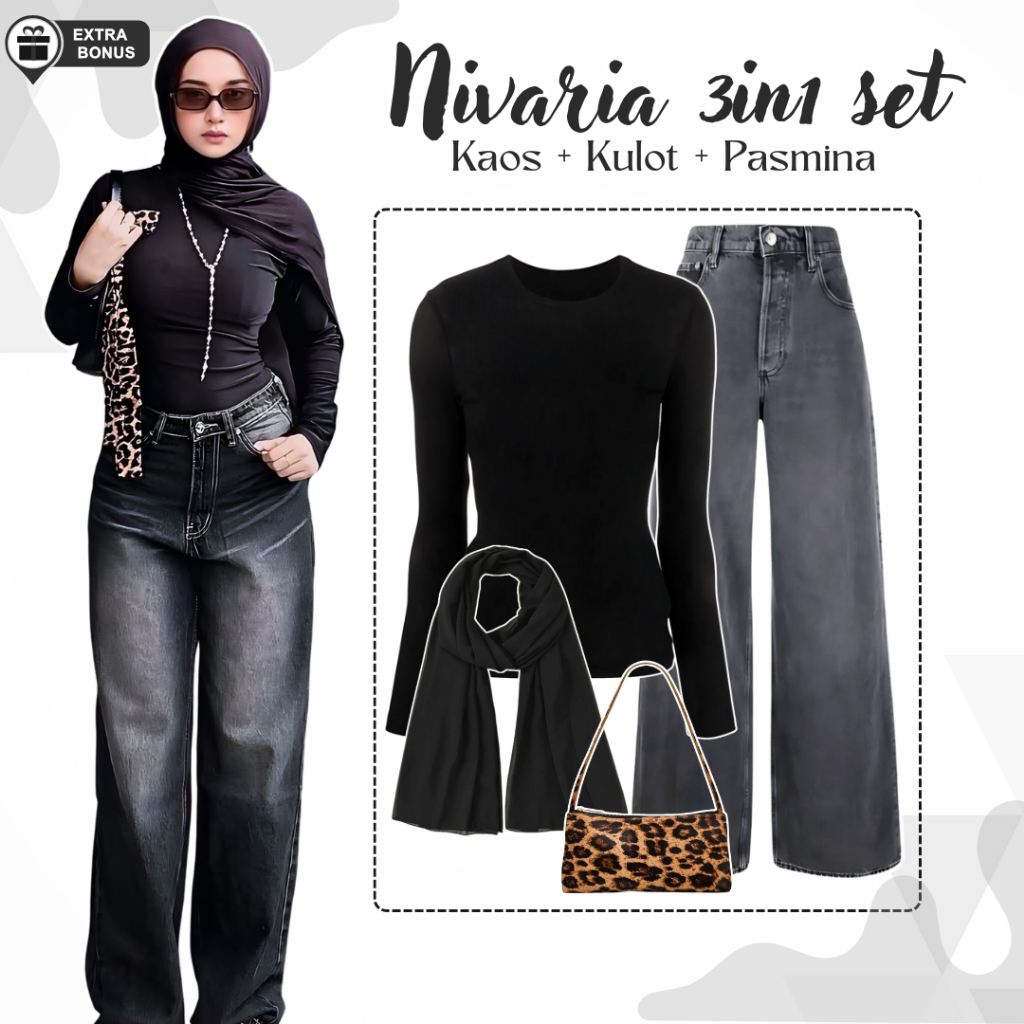 Oneset One set 3in1 setelan hijab wanita kaos long sleeve panjang manset celana kulot baggy jeans hi