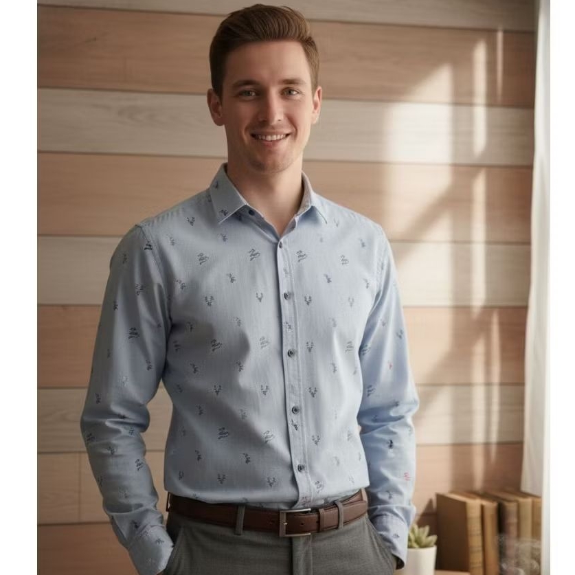 Kemeja Pria DIVIDED H&M Size L – Motif Rusa & “Oh Deer” – Warna Abu – Lengan Panjang