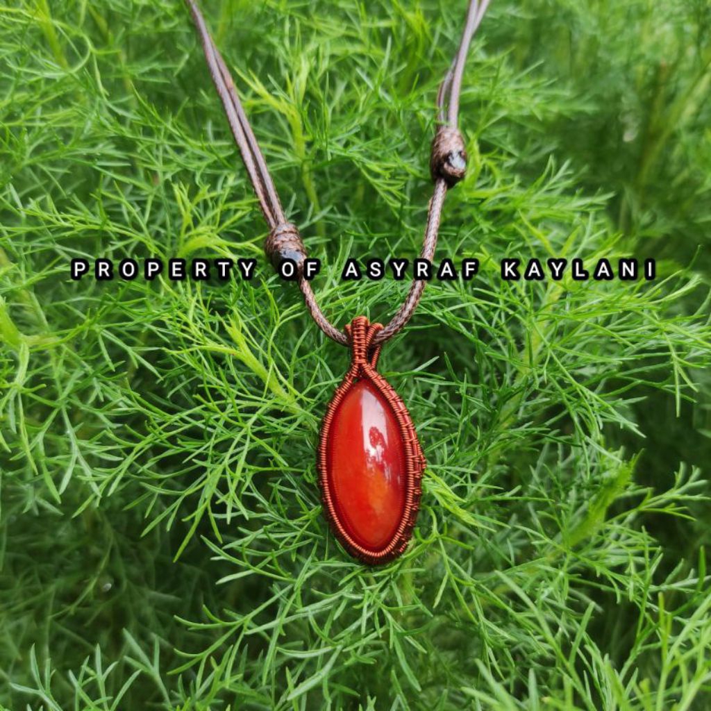 Kalung etnik Wire Wrapped batu akik Pandan Merah natural 100% asli