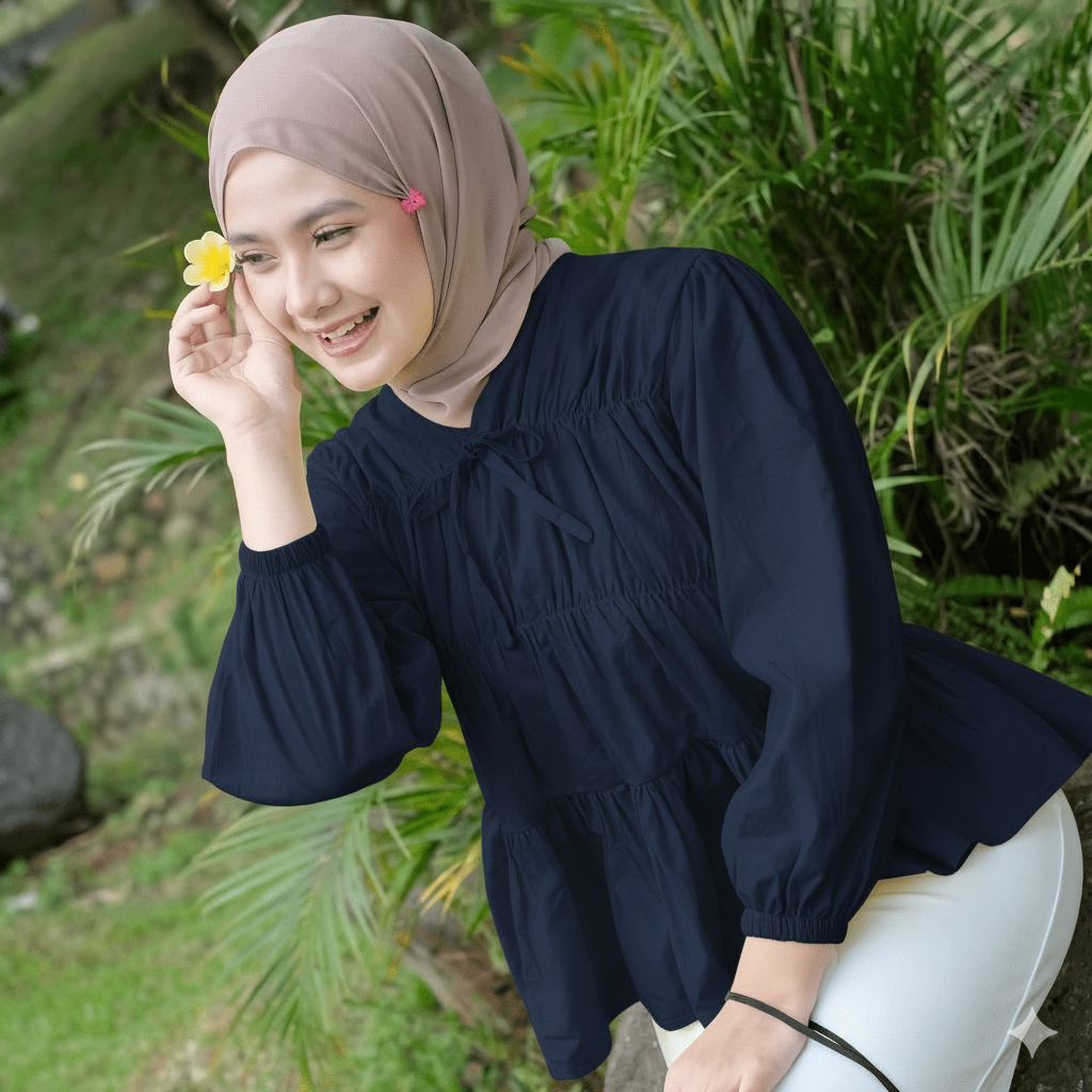 {AHN} Mireya Blouse Kerut Dada - Atasan Wanita Polos Lengan Panjang Bahan Rayon Twill Adem Size L&XL