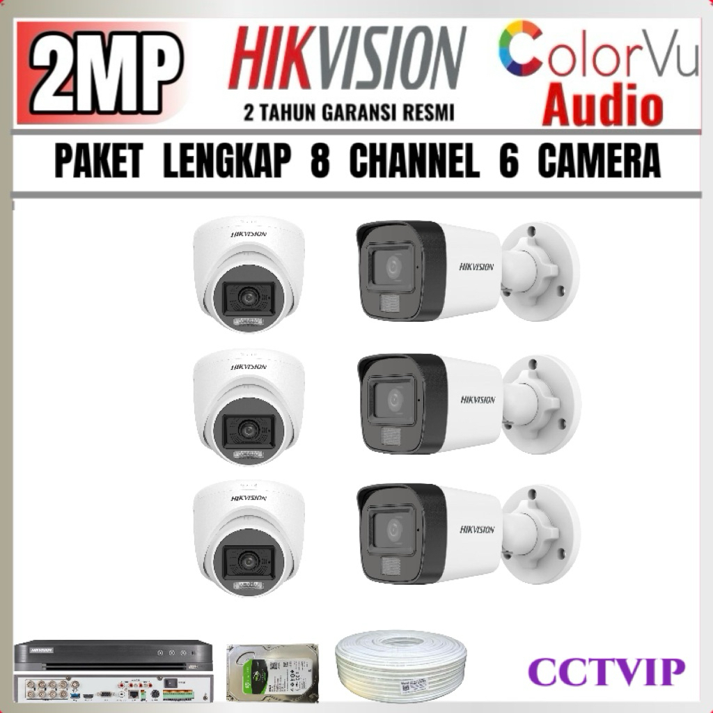 PAKET CCTV HIKVISION 2MP COLORVU AUDIO 8 CHANNEL 6 CAMERA TURBO HD COLORVU AUDIO LENGKAP