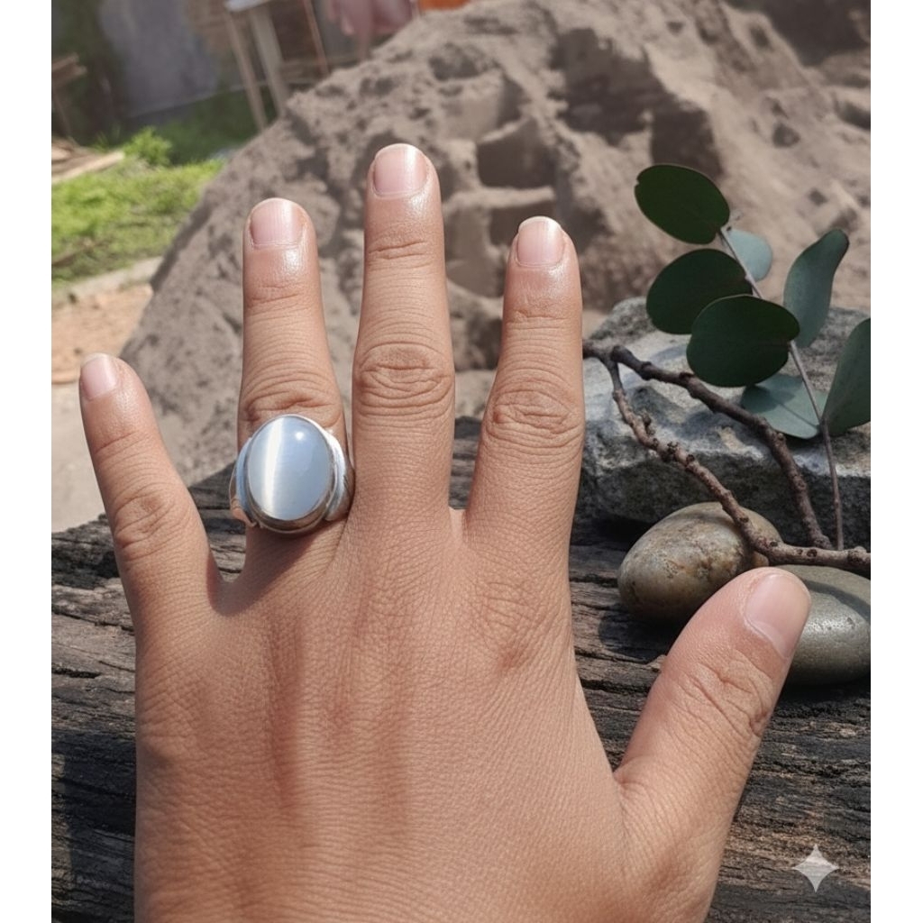 cincin batu akik biduri bulan white cat's eye jumbo mban monel tanam classic