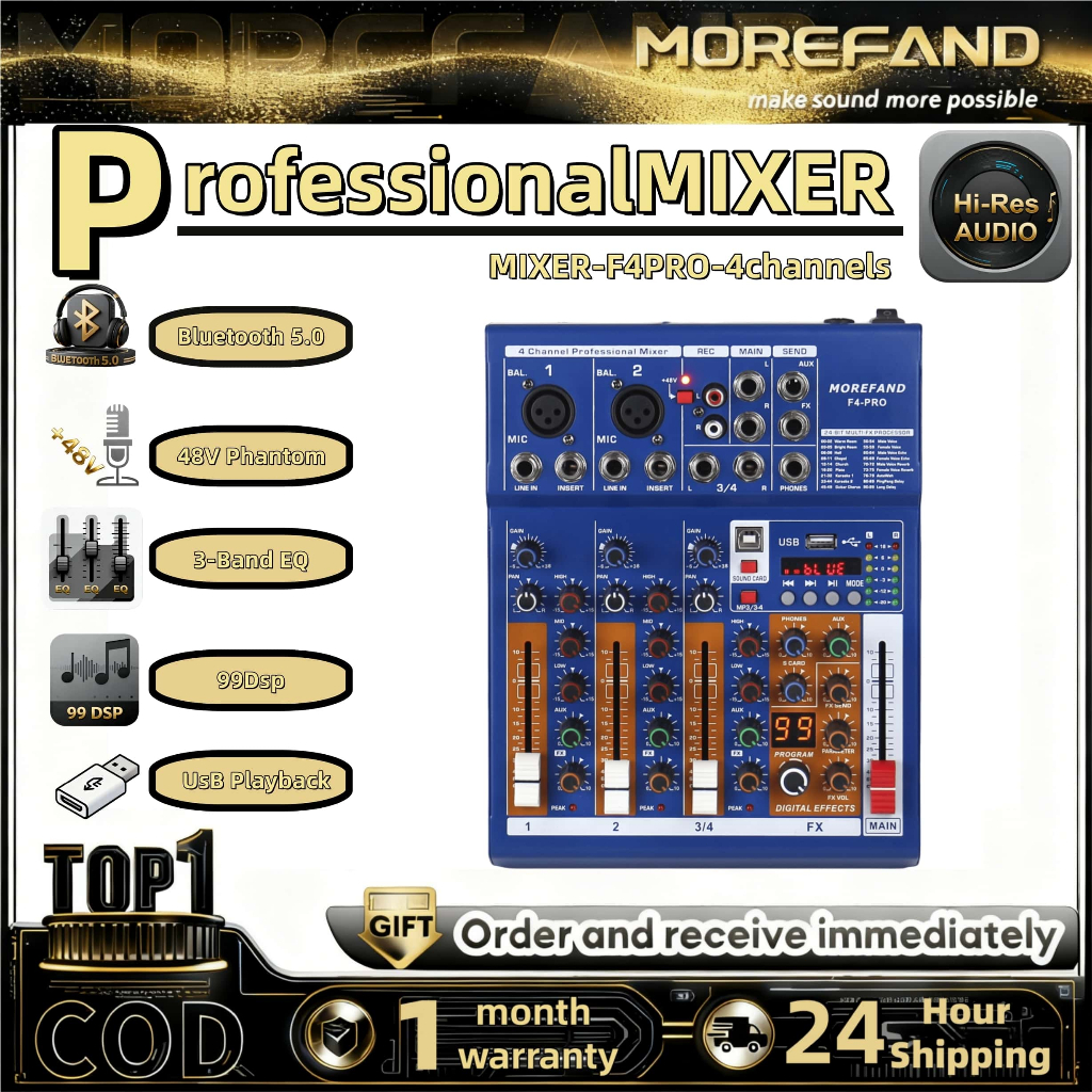 Mixer Audio F4-PRO 4 Saluran - 99 Efek DSP, Bluetooth 5.0, Daya Phantom +48V, Rekaman USB, OTG untuk