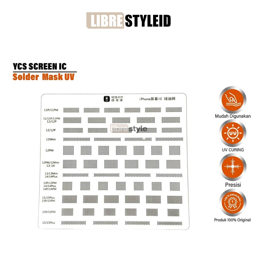YCS Screen IC Solder Mask UV Original – Stencil Perbaikan CPU iPhone 11–15 – Alat Cetak Ulang IC/CPU