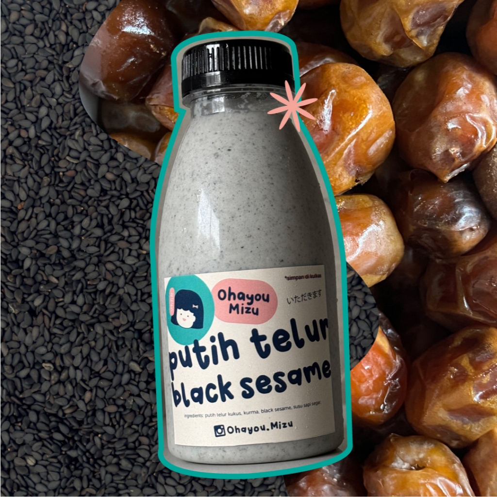 Minuman Protein Putih Telur + Black Sesame + Kurma + pumpkin seed milk or fresh miilk, black sesame,