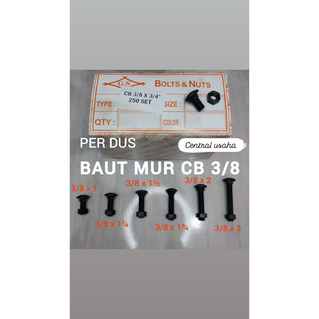1 Dus Baut Mur CB 3/8 Baut Mur Kunci 14/ baut bak truk, baut pagar, baut payung, baut carriage