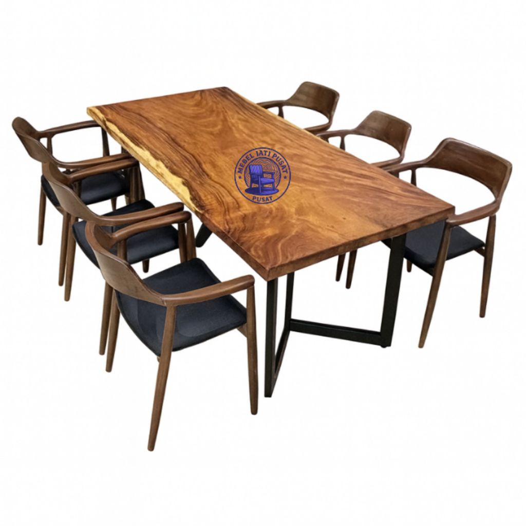 Set meja utuh tanpa sambungan - meja kayu trembesi 6 kursi kayu jati - meja kaki v dari besi