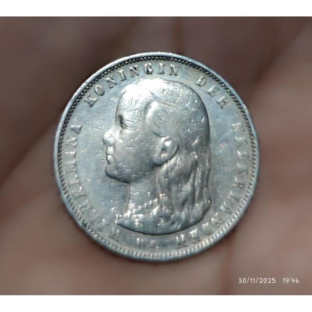 Koin Perak 1 Gulden Wilhelmina 1892 Long Hair