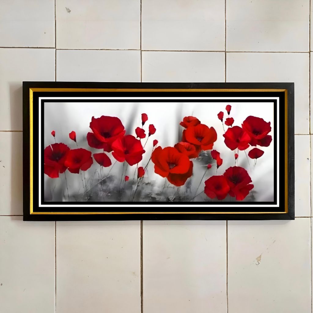 hiasan dinding lukisan cetak plus bingkai ukuran 100x50cm gambar bunga mawar aesthetic dan cantik in