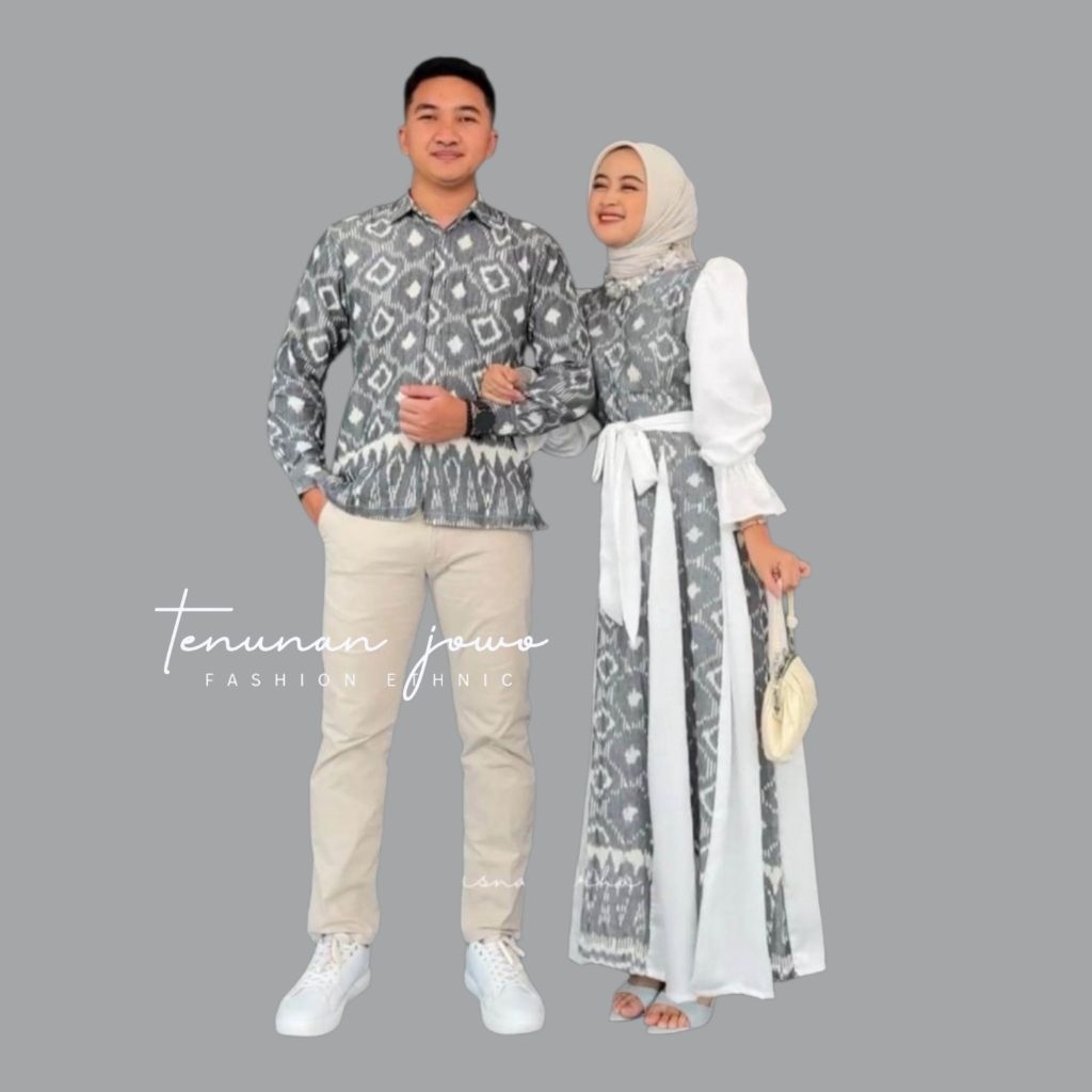 Couple Baju Tenun Lebaran Cewek dan Cowok Warna Putih Tulang Gamis Etnik Dan Elagant