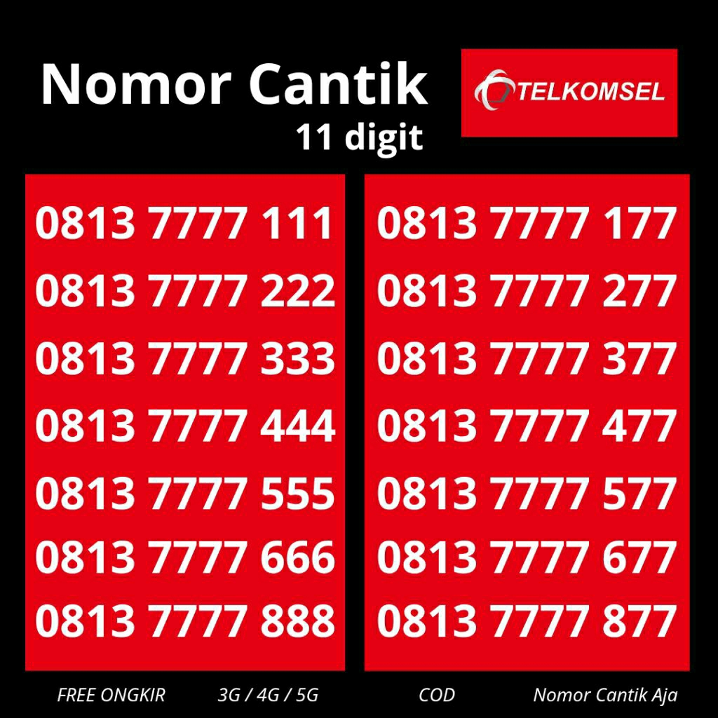 Nomor Cantik Telkomsel 11 digit Seri 7777 - Simpati 11 digit