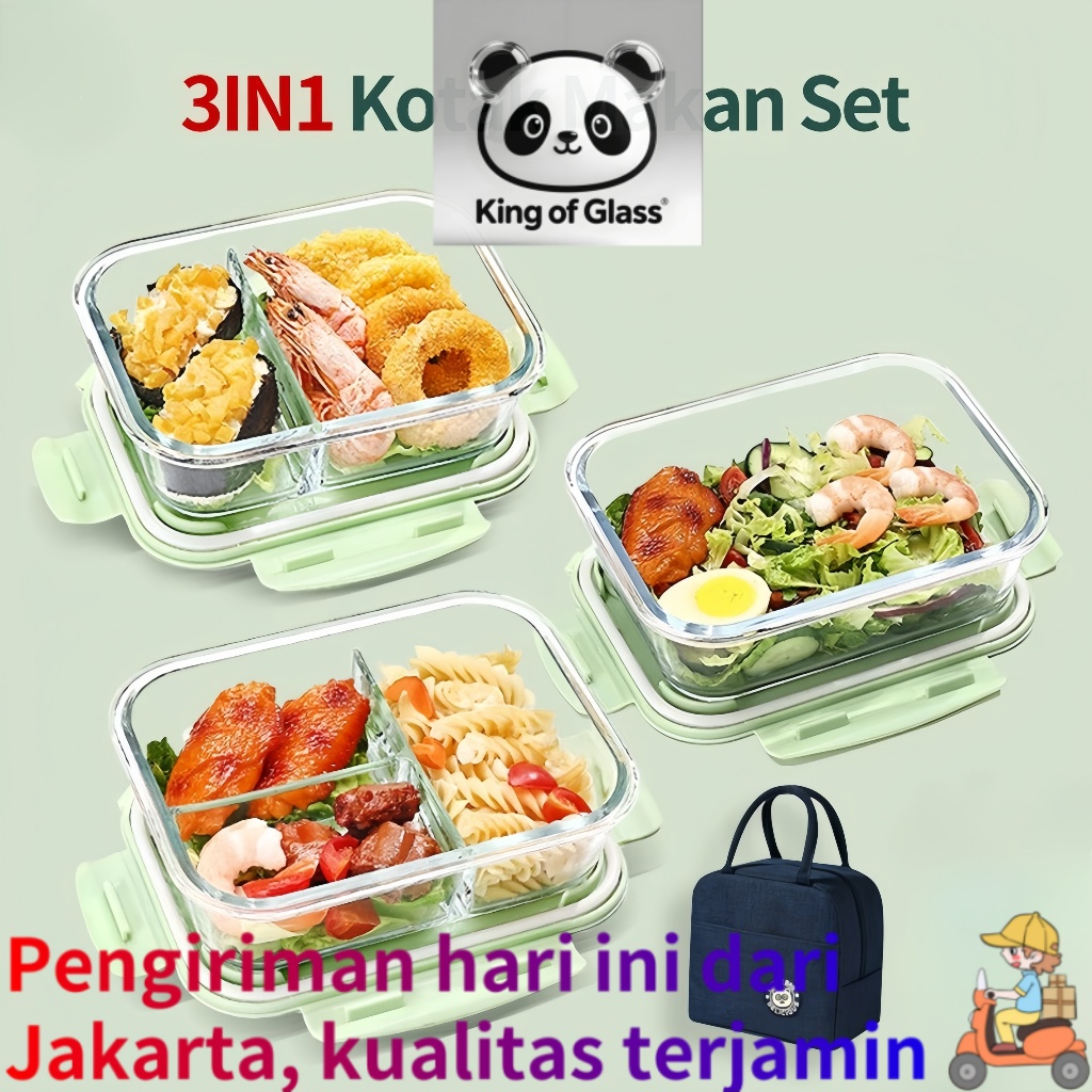 1040ml Kotak Makan Siang Kaca Microwave/(3IN1)Kotak Makan Siang Kaca Tahan Panas/ Lunch Box